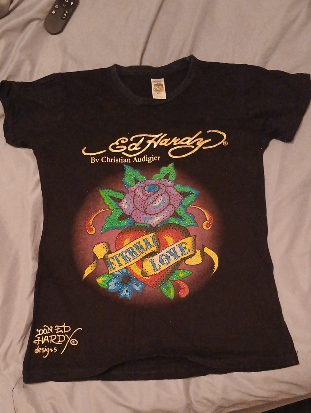 Ed Hardy Black Womens 2004 Short Sleeve Tee with Colorful 'Eternal Love' Graphic